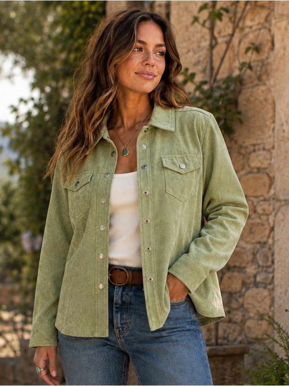 Vintage Y2K Live a Little Sage Green Suede Leather Western Shacket Jacket, XL